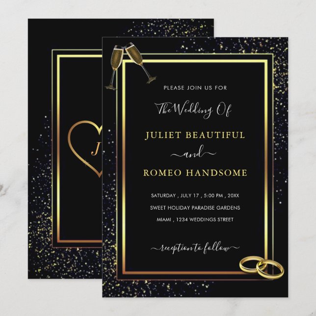 Black Gold Glitter Wedding Invitations Example (Front/Back)