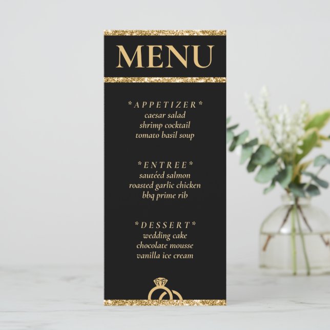 Black & Gold Glitter Wedding Reception Menu (Standing Front)