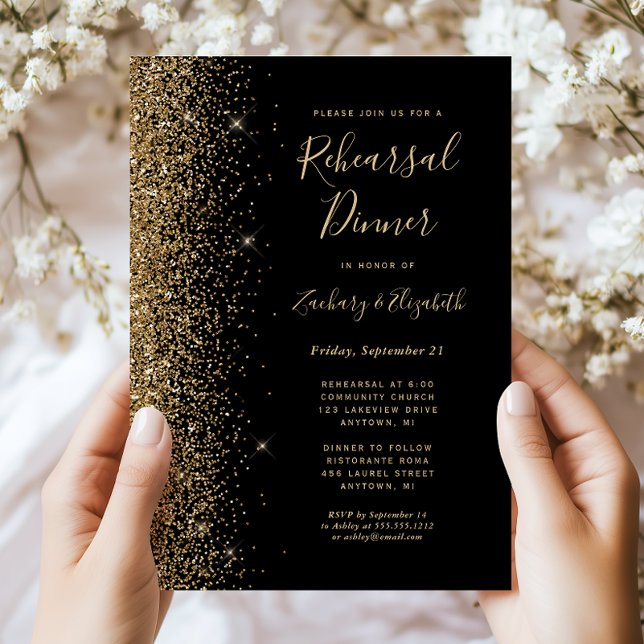 Black Gold Glitter Wedding Rehearsal Dinner Invitation (Creator Uploaded)