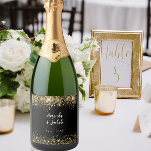 Black gold glitter wedding sparkling wine label