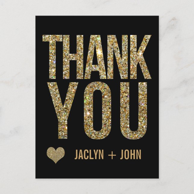 Black & Gold Glitter Wedding Thank You Postcard (Front)