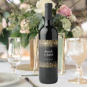 Black gold glitter wedding wine label