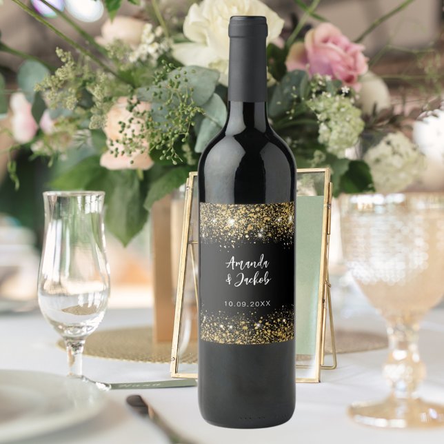 Black gold glitter wedding wine label (Creator Uploaded)
