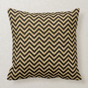Black Gold Glitter Zigzag Stripes Chevron Pattern Cushion