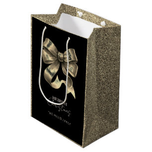 Black Gold Glittered Bow Christmas Medium Gift Bag