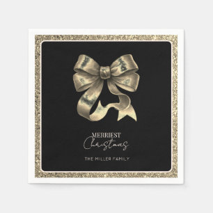 Black Gold Glittered Bow Christmas Paper Napkin