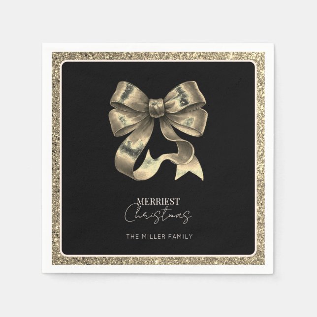 Black Gold Glittered Bow Christmas Paper Napkin (Front)