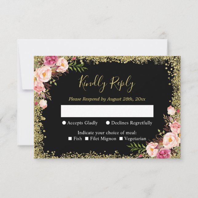 Black Gold Glitters Pink Floral Wedding RSVP Reply (Front)
