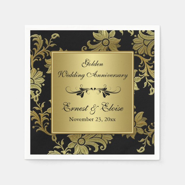 Black, Gold Golden Wedding Anniversary Napkins (Front)