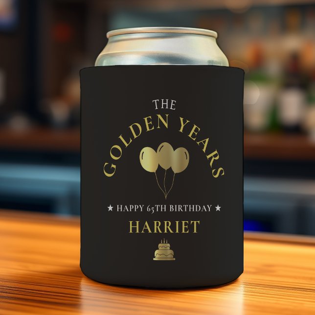 Black & Gold Golden Years 65th Birthday Can Cooler (Creator Uploaded)