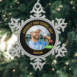Black Gold Golfer Photo High School Golf Team Snowflake Pewter Christmas Ornament<br><div class="desc">This cool customized high school golf team photo gift features gold typography of your golfer name on a black snowflake shaped Christmas ornament with a cute golfing icon. Personalize with your student's photograph and class year as a proud sports parent.</div>
