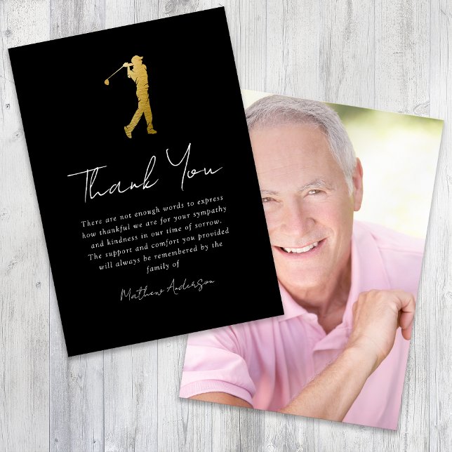 Black Gold Golfer Photo Sympathy Funeral  Thank You Card (Creator Uploaded)