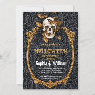 Black Gold Gothic Skull Halloween Party Invitation