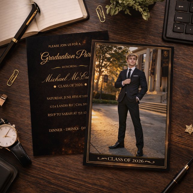 Black Gold Grad Portrait Invitation (Black gold portrait design for a refined graduation night with dinner and celebration)