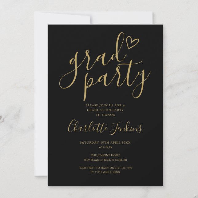 Black Gold Grad Script Heart Graduation Party Invitation (Front)