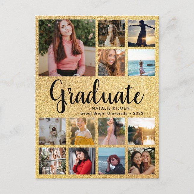 Black & Gold Graduate 14 Photo Collage Graduation Announcement Postcard (Front)