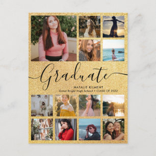 Black & Gold Graduate 14 Photo Collage Graduation Announcement Postcard