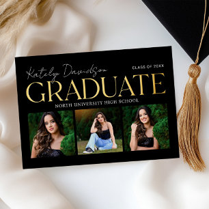 Black Gold Graduate Three Photo Collage Party