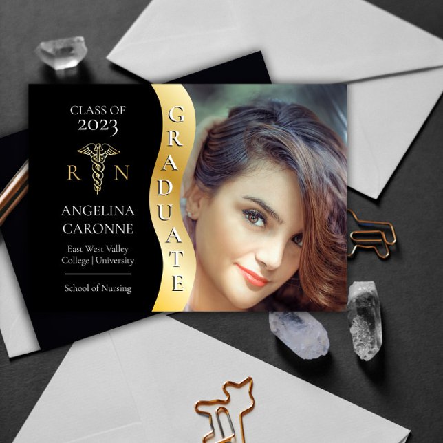 Black |Gold Graduate Wave Caduceus RN Nursing Grad Announcement (Creator Uploaded)