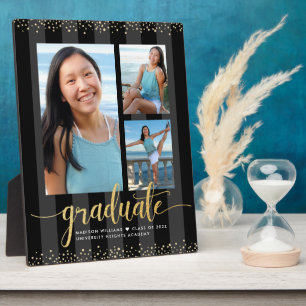 Black Gold Graduation 3 Photo Glitter Script Chic Plaque