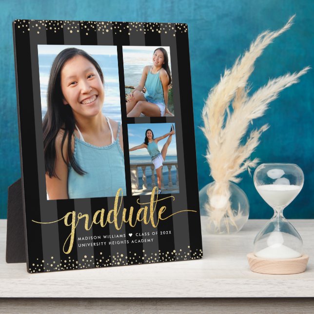 Black Gold Graduation 3 Photo Glitter Script Chic Plaque (Side)