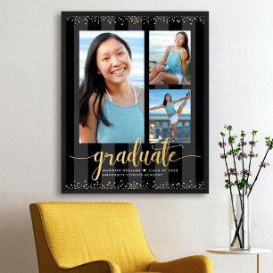 Black Gold Graduation 3 Photo Glitter Script Chic Poster