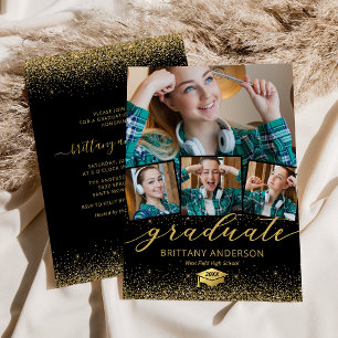 Black Gold Graduation 4 Photo Invitation