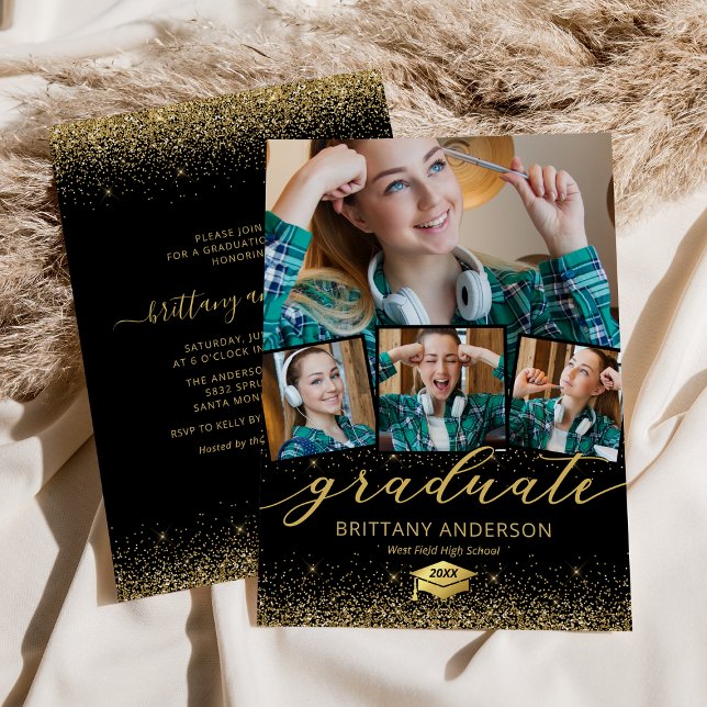 Black Gold Graduation 4 Photo Invitation (Creator Uploaded)