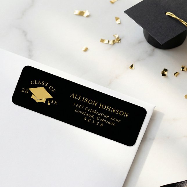 Black Gold Graduation Cap Return Address (Creator Uploaded)