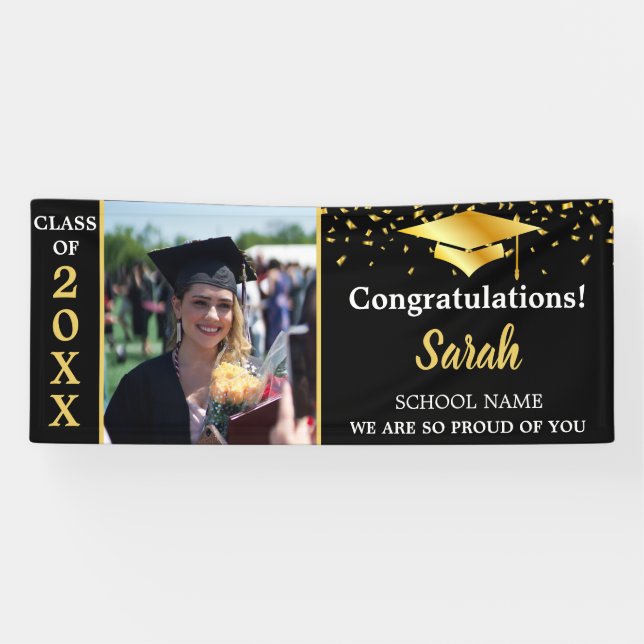 Black & Gold Graduation Custom Photo Class Of 2025 Banner (Horizontal)