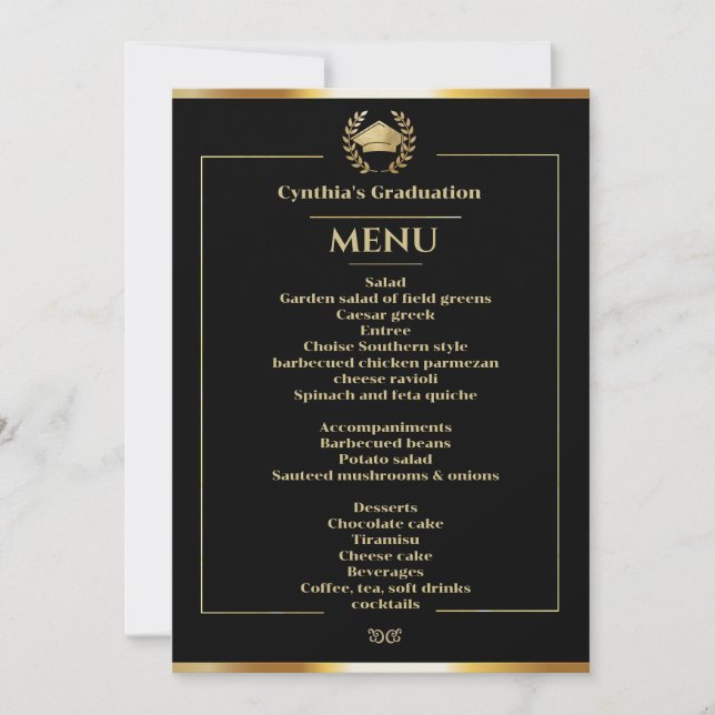  Black & Gold Graduation Dinner Menu Invitation (Front)