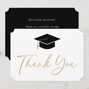 Black Gold Graduation Hat Elegant Script Modern Thank You Card