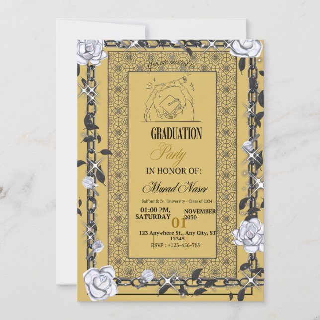 Black Gold Graduation Invitation with Photo Class  (Front)