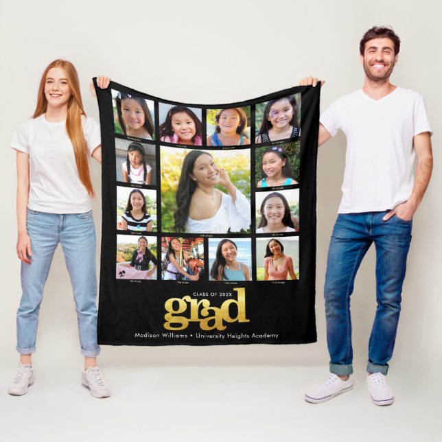 Black Gold Graduation K–12 Photo Collage Modern Fleece Blanket (In Situ)