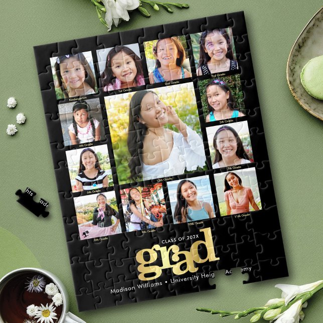 Black Gold Graduation K–12 Photo Collage Modern Jigsaw Puzzle (Creator Uploaded)