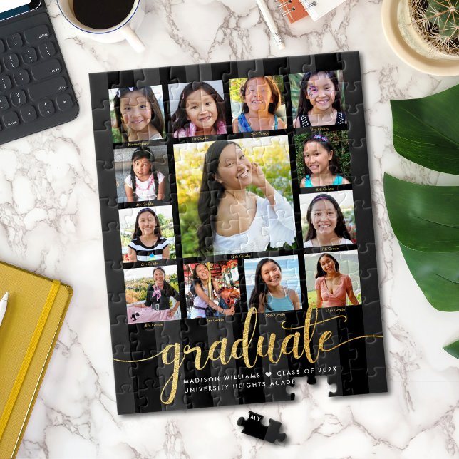 Black Gold Graduation K–12 Photo Collage Script Jigsaw Puzzle (Creator Uploaded)