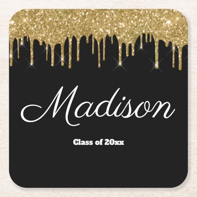Black Gold Graduation Party Class of 2024 Paper Square Paper Coaster (Front)