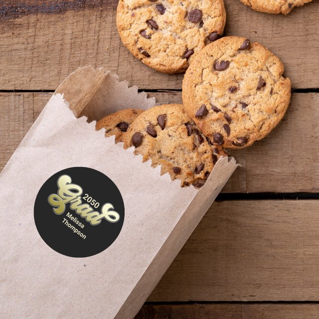 Black Gold Graduation Party Favour Custom Classic Round Sticker (Graduate "Grad" typography gift label sticker. )