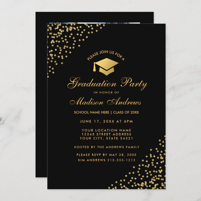 Black Gold Graduation Party Invite - Photo Back (Front/Back)