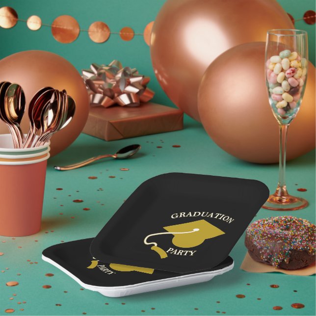 Black Gold Graduation Party Paper Plates (Multi)