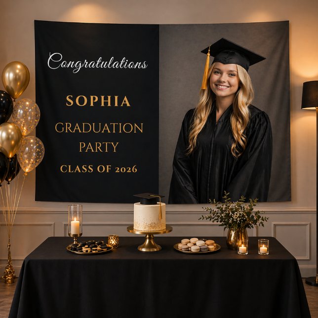 Black Gold Graduation Photo Backdrop Decor Tapestry (Elegant black and gold graduation tapestry styled for a modern party setup)