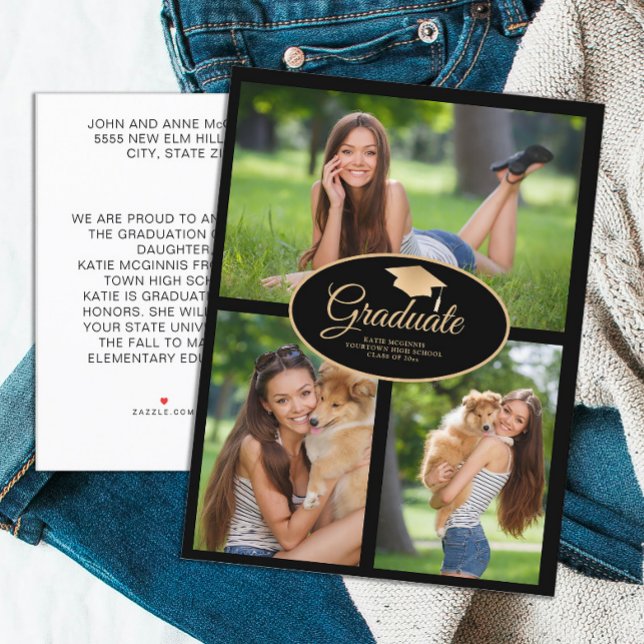 Black Gold Graduation Photo Class 2024 Announcement Postcard (Black and gold graduation cap graduation photo announcement postcard)