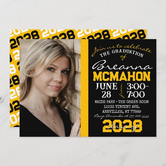 Black & Gold Graduation Photo Invitation ( Repeating Class Year 1 & 2 Photo Graduation Invitations & Announcements)
