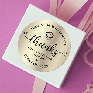 Black Gold Graduation Thank You Modern Script Cap  Classic Round Sticker