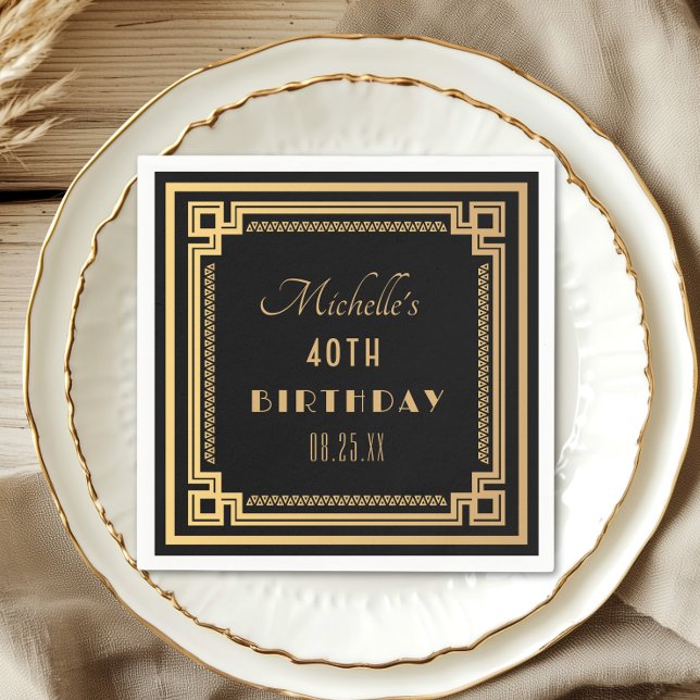 Black Gold Great Gatsby Art Deco Birthday  Napkin (Creator Uploaded)