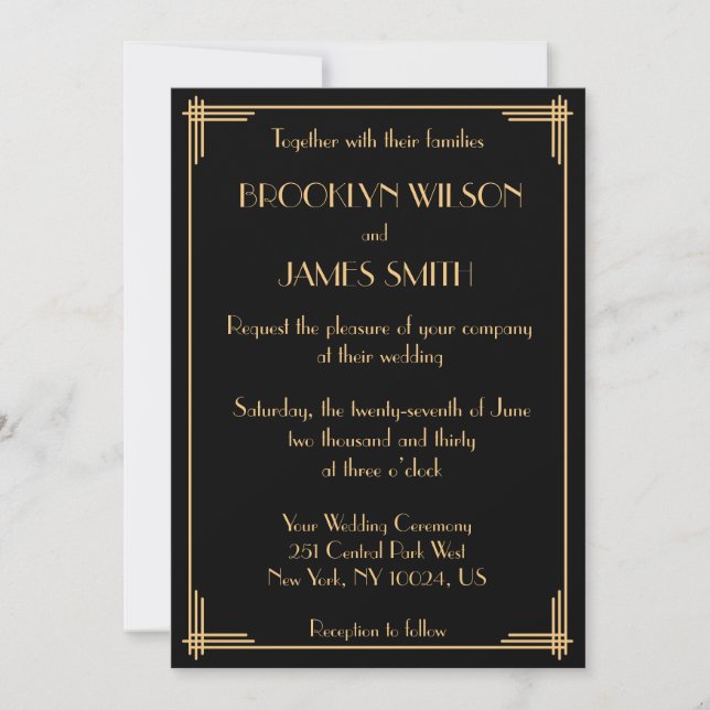 Black Gold Great Gatsby Art Deco Wedding Invites (Front)