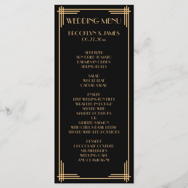 Black Gold Great Gatsby Art Deco Wedding Menu Card (Front)