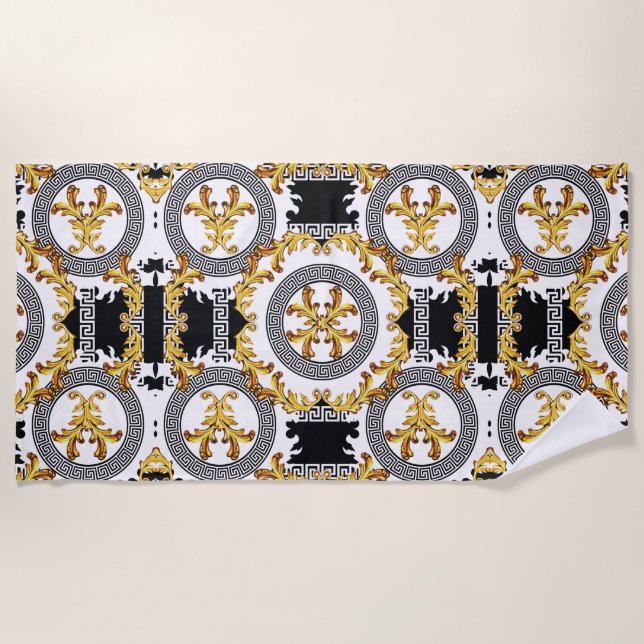 Black Gold Greek decoration Beach Towel (Front)