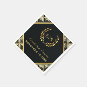 Black, gold Greek key and laurel wreath wedding Napkin