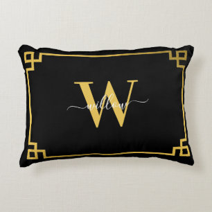Black & Gold Greek Key Monogrammed Decorative Cushion